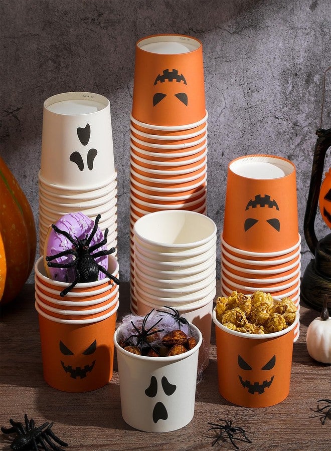 Uiifan 150 Pcs Halloween Treat Snack Cups 8 Oz Disposable Pumpkin Ghost Bowls Spooky Disposable Paper Cup White Orange Paper Cup Dessert Ice Cream Bowls Food Tasting Cups for Halloween Party Supplies - Image 4
